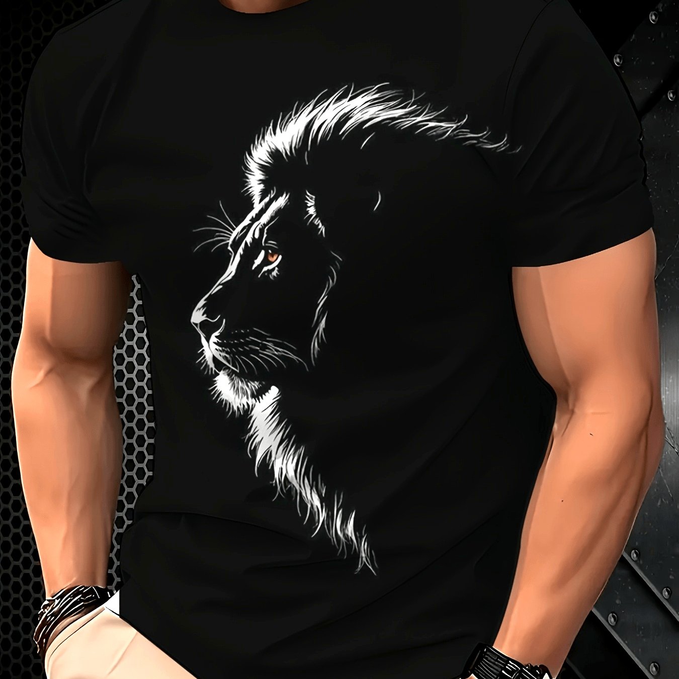 TEMU Men's Lion Print Streetwear T-shirt - 2d Breathable Crew Neck Short Sleeve Top With Lion | Summer Casual & Wear | Machine Washable Regular Fit
