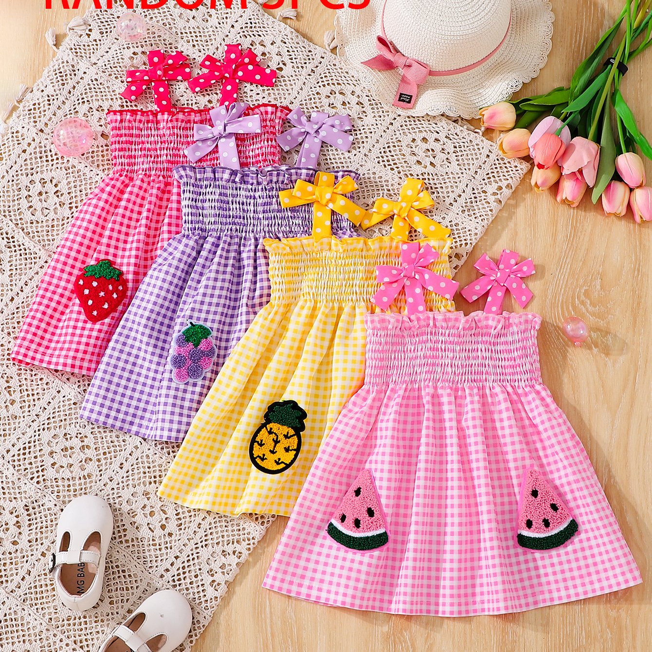 TEMU Random 3 Baby Girl Dresses Fruit Print Bow Tie Sundress For Toddler Spring Summer Outdoor Activities