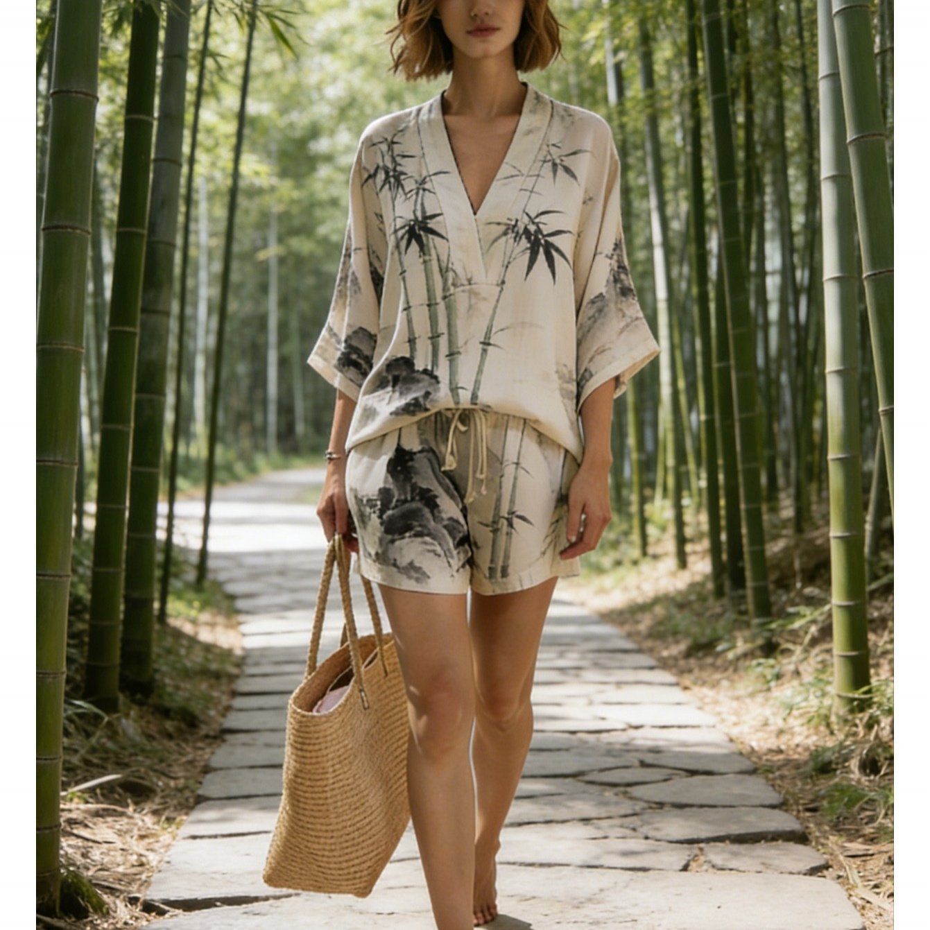 Plus Size - Plus Size - Plus Size Boho New Chinese Ink Bamboo Print V-neck Outfit, Loose Batwing Sleeve Top& Shorts 2pcs Set