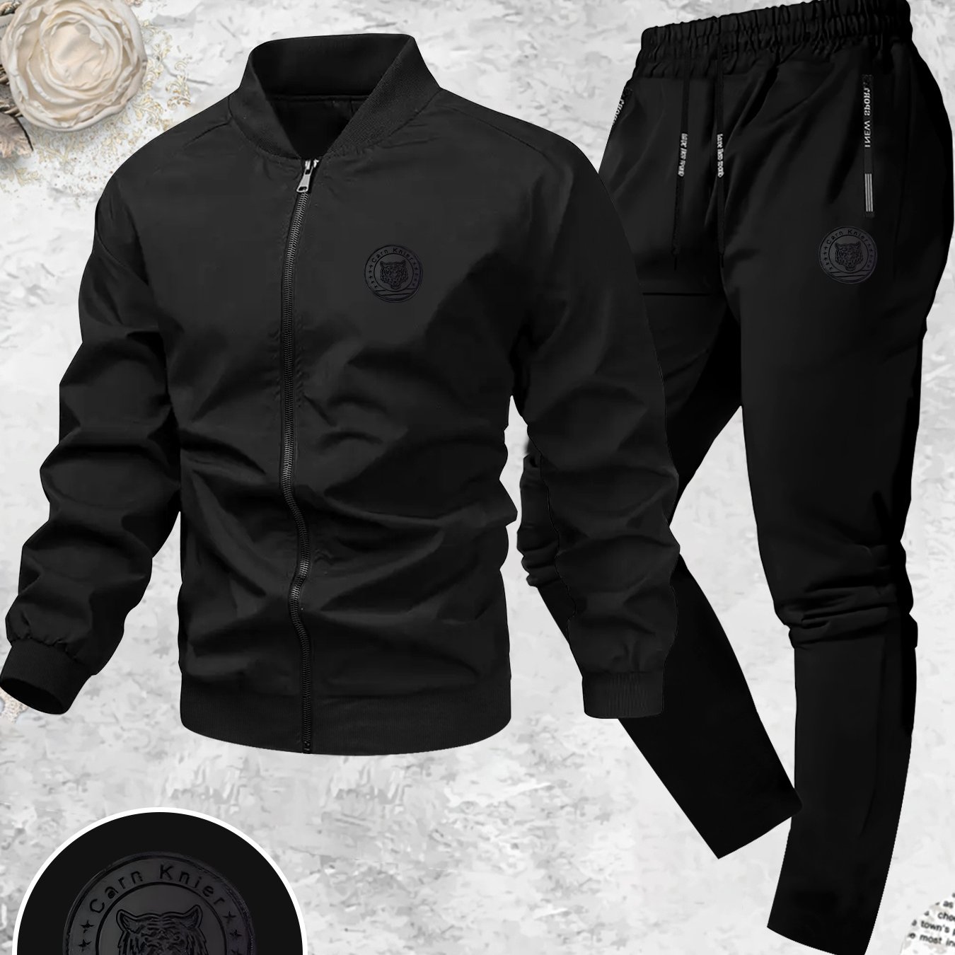 TEMU Men's , A Two-piece Jacket Set Featuring A Bear Head Print, Casual Youth Business Baseball Jacket With A Stand Collar Sports Outfit