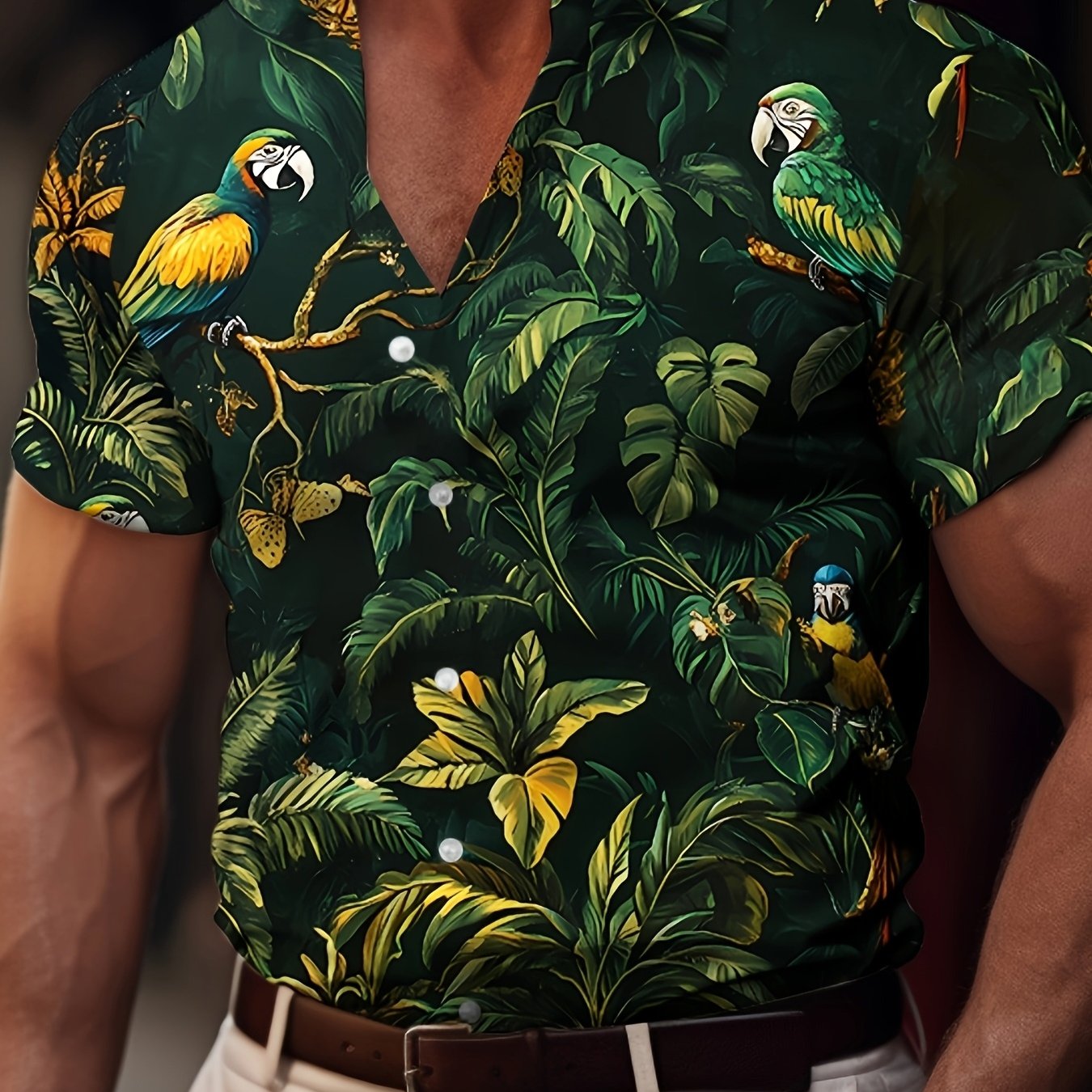 TEMU Summer 's Short Sleeve Shirt Fashion Casual Men's Hawaiian Shirt Tropical Plant Design Geometric Pattern Mixed Color Top