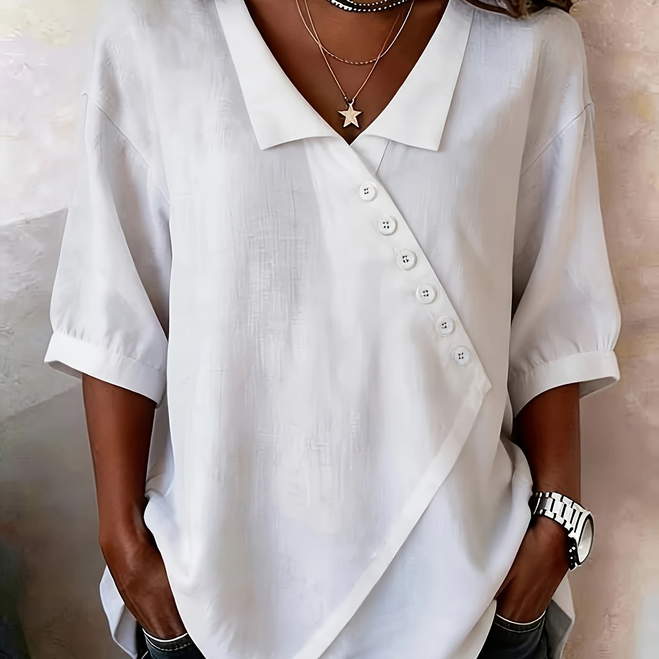 TEMU Plus Size, Women's V-neck Asymmetric Hem Shirt With Slanted Button Placement, Loose Fit Bubble Sleeves,, Summer Commuter Casual Breathable Top