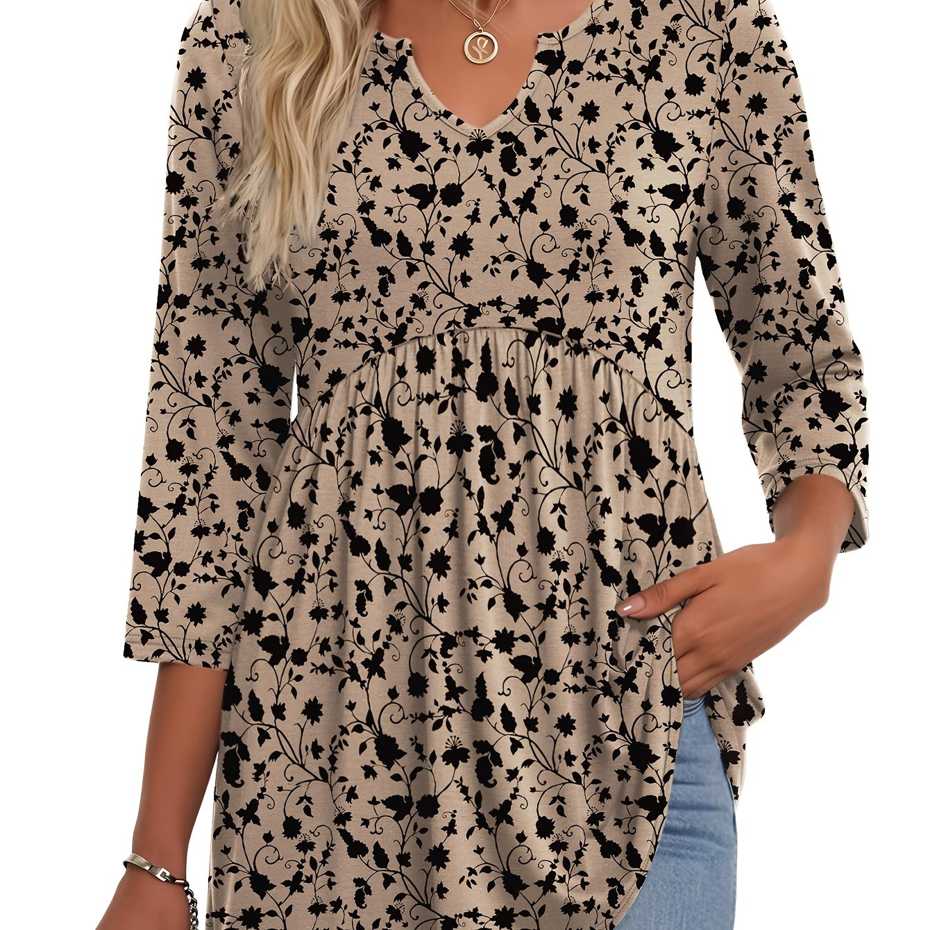 TEMU Haut long confortable pour femmes à manches 3/4, chemise décontractée et , T-shirt à manches - et col en V tendance