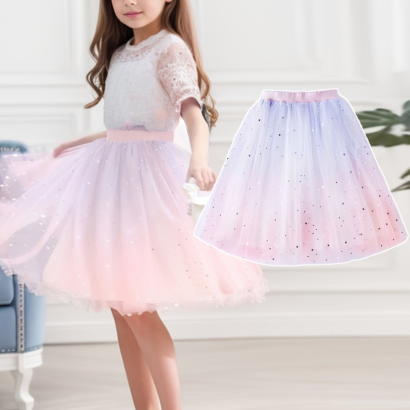 Image of Girls' Gradient Color Skirt Fashionable Tutu Skirt Short Skirt Middle And Large Spring And Autumn Sequin Skirt Princess Mesh Skirt