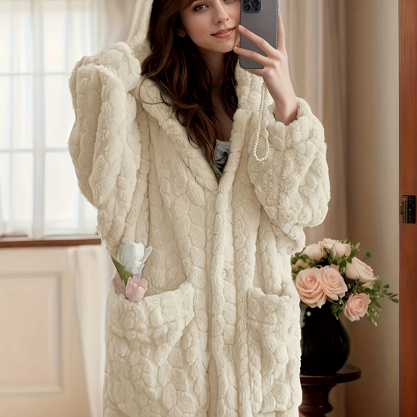 Image of Autumn/winter Jacquard Flannel Women's Hooded Robe, Long Loose Size Loungewear, Thickened Plush For , Bathrobe For Bathroom, With 2 Pockets, Machine Washable