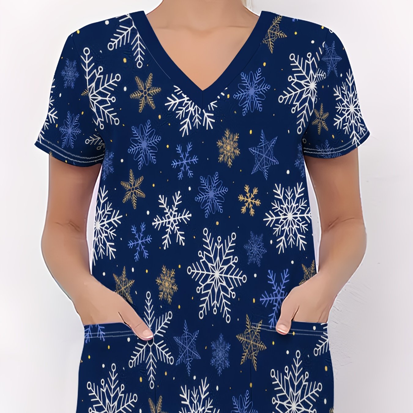 TEMU Christmas Women's Nurse Outfit, Dark With Snowflake Pattern, White Blue Golden Tricolor Printed T-shirt, Soft And Elastic, Pocketed Christmas