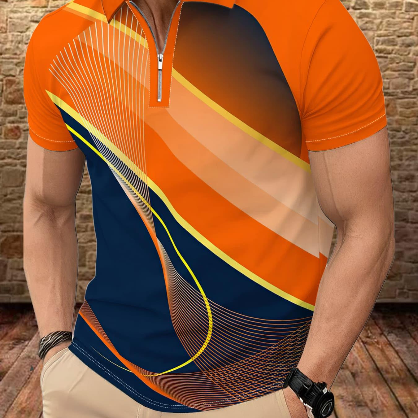 TEMU Men's Zip Lapel Shirt Summer Casual Contrast Slim Short Sleeve Top, Breathable Fashionable Short Sleeve T-shirt For Business Sports Daily Wear,
