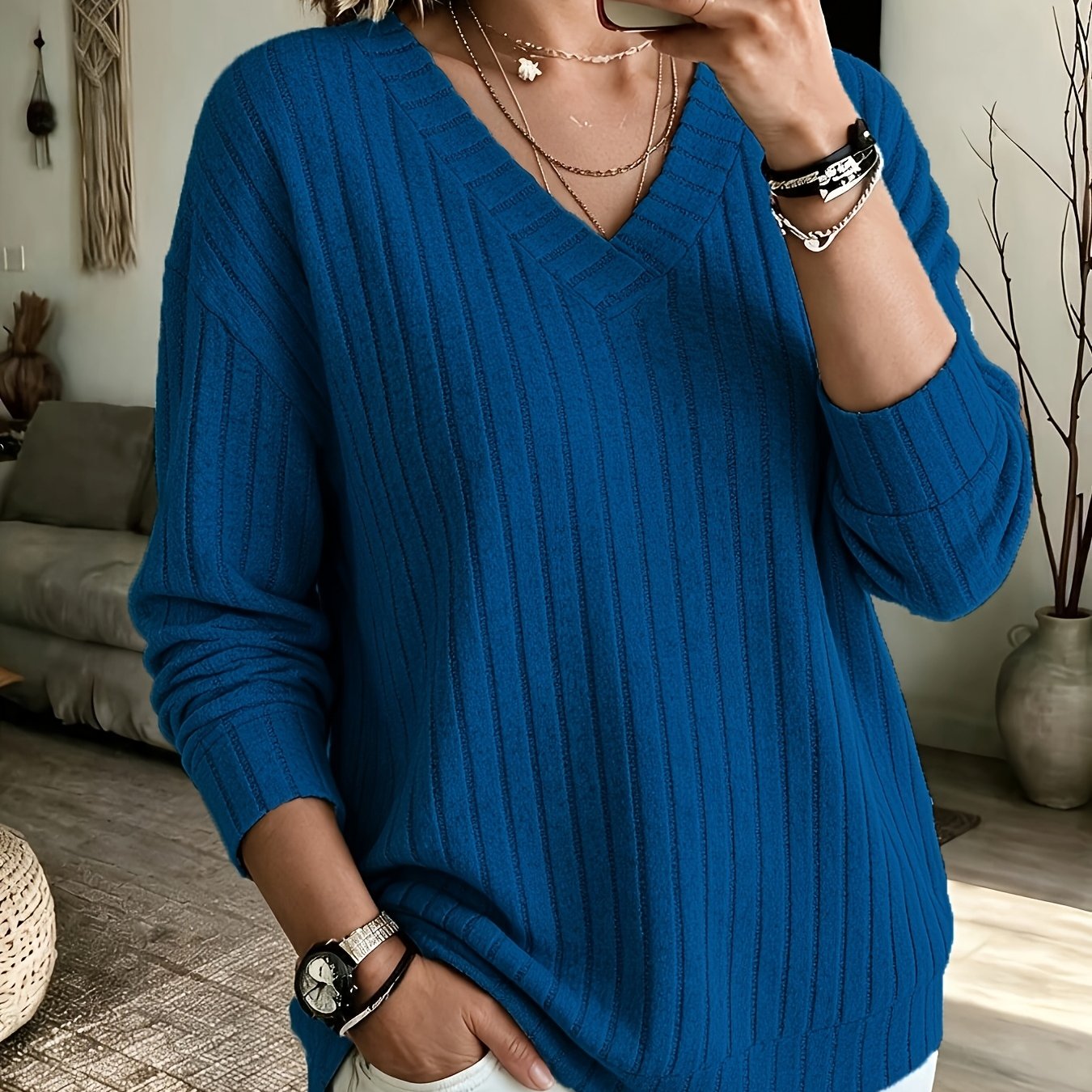 TEMU Plus Size, Plus Size Vertical Rib V-neck Loose Long Sleeve Top, Casual And Elegant Versatile Autumn/winter Winter Wear, Loose Fit With Tummy