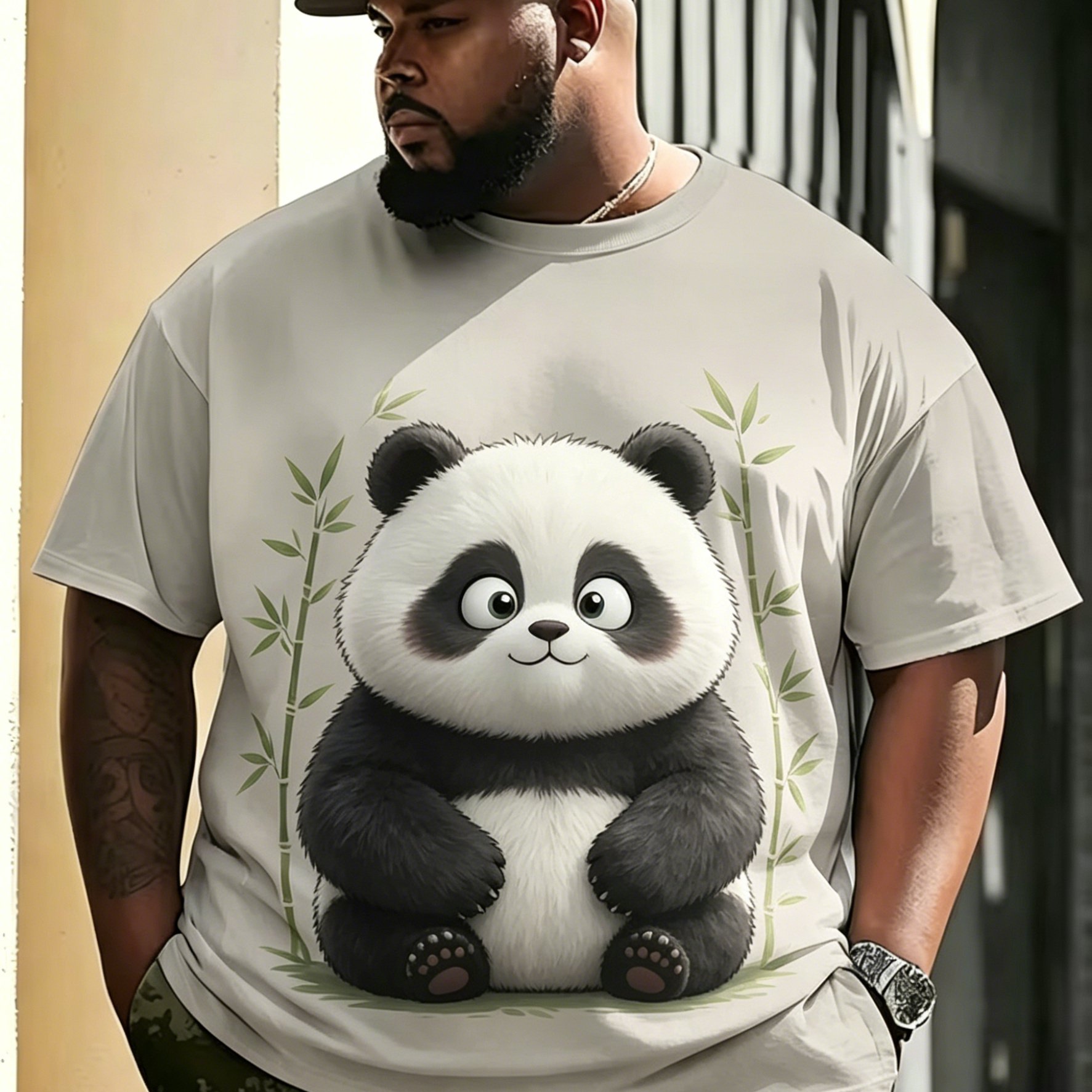TEMU [printed Design - Not Textured] Soft And Cute Panda Print T-shirt For Men, National Chic Style Plus Size Men's Short Sleeve T-shirt, Extra Large