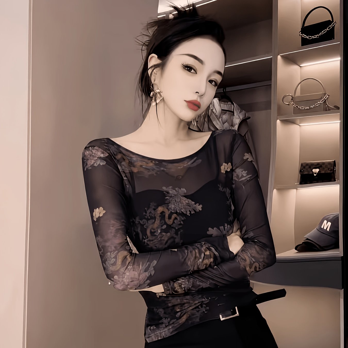 TEMU Plus Size, Vintage-style New Chinese Print Niche Designer Round Neck Mesh Overblouse For Women, New Autumn Fashion, High-end Feeling, Spicy