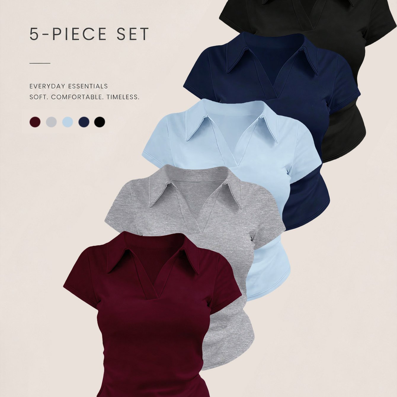 5-pack Women' Color V-neck Crop Tops - Short Sleeve Slim-fit Casual T-shirts Set