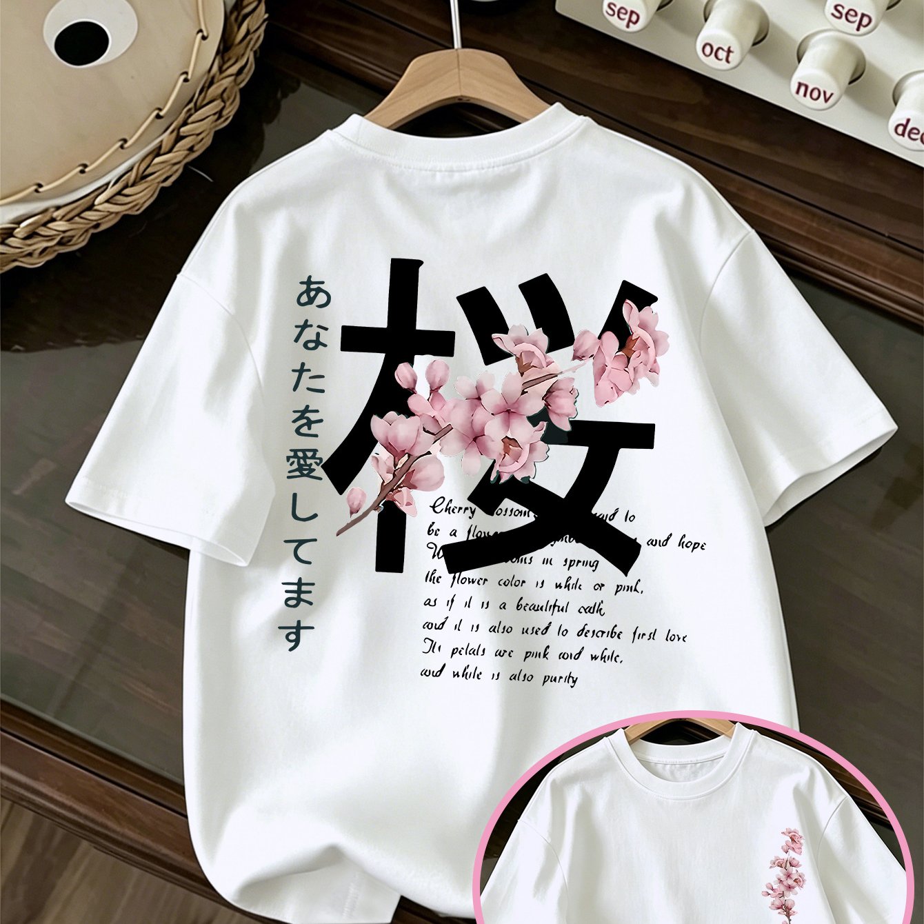 TEMU T-shirt Y2K Tendance pour Adolescentes, Style Japonais "Sakura" avec Impression Lettre et Arrière, Haut d'Été Polyvalent, T-Shirt à Col Rond et
