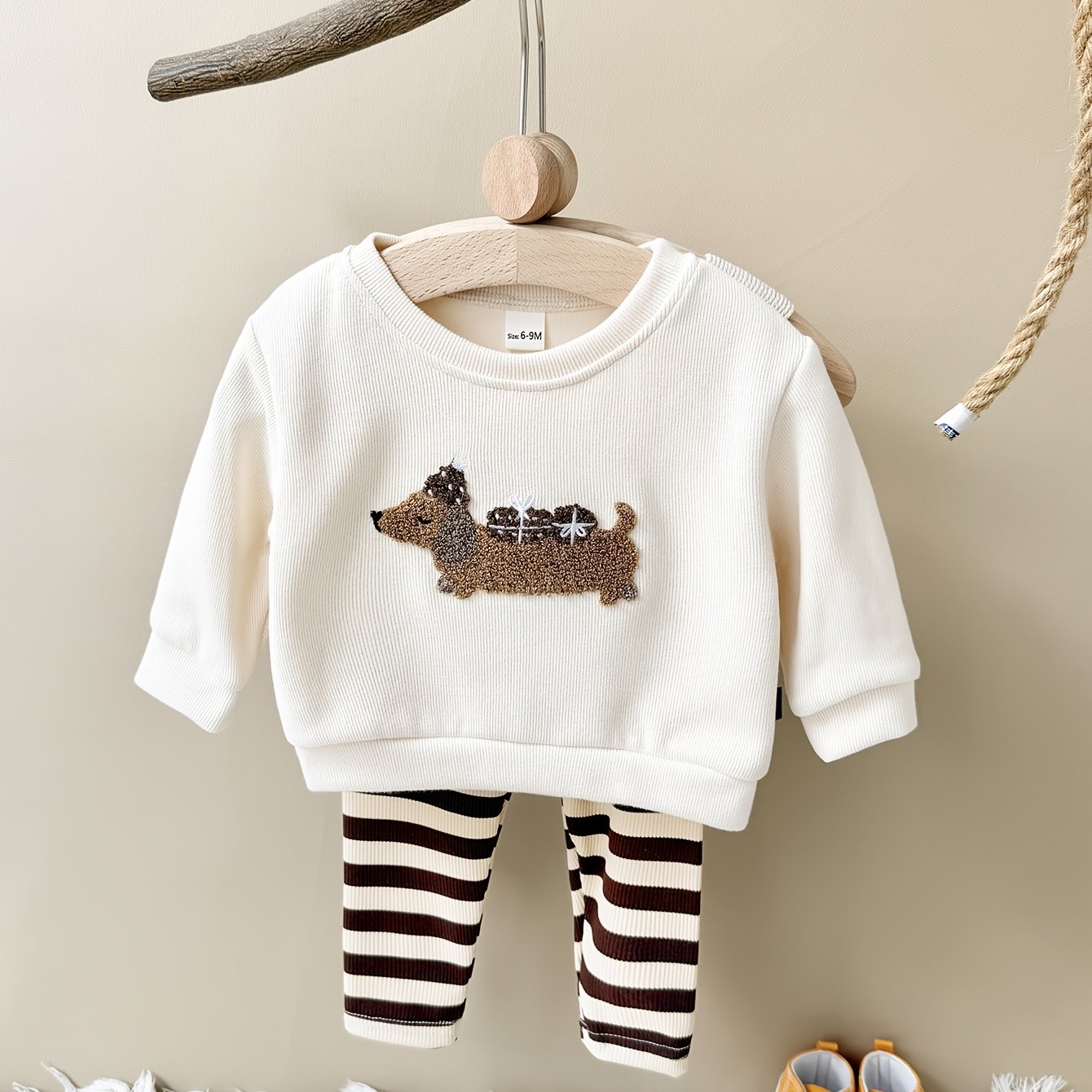 Image of 2pcs/set Baby Boys And Girls Cute Cartoon Sausage Dog Terry Embroidered Long Sleeve Top + Long Pants Spring And Autumn, For Outdoor