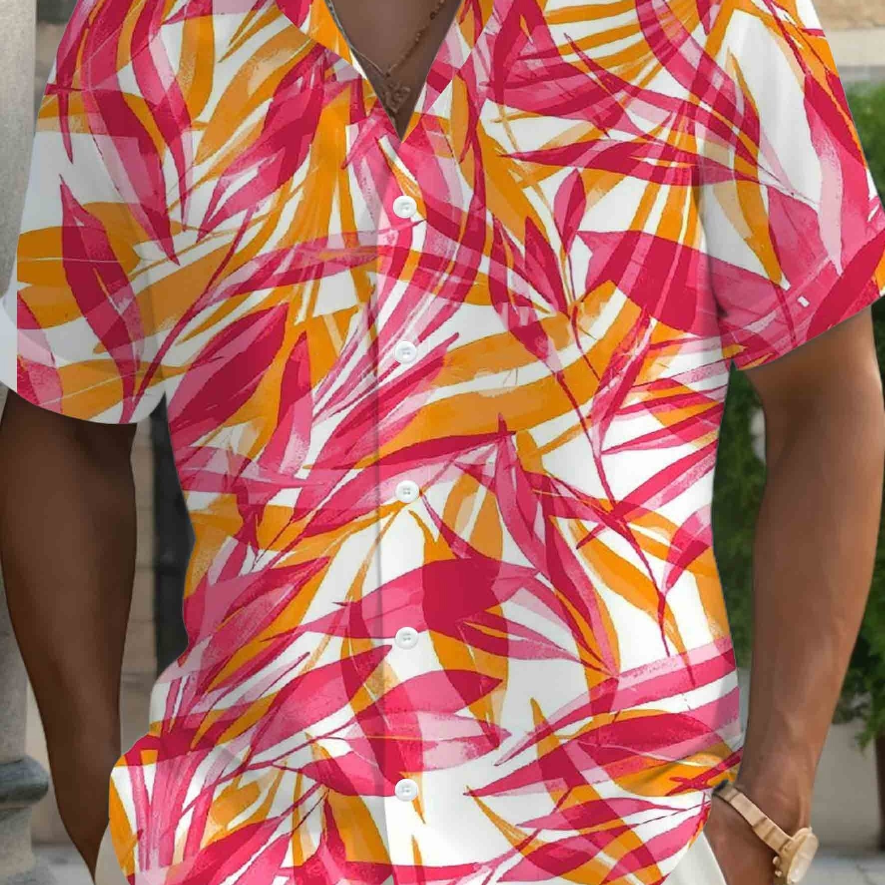 TEMU Chemise décontractée pour homme, base blanche avec motif à imprimé intégral texturé rose et orange, chemise imprimée en 3D, haut à , chemise de