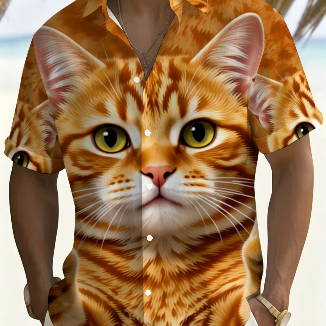 TEMU Cat Print Men's Plus Size Short Sleeve Shirt, Summer Beach , Fashion Hawaiian Top