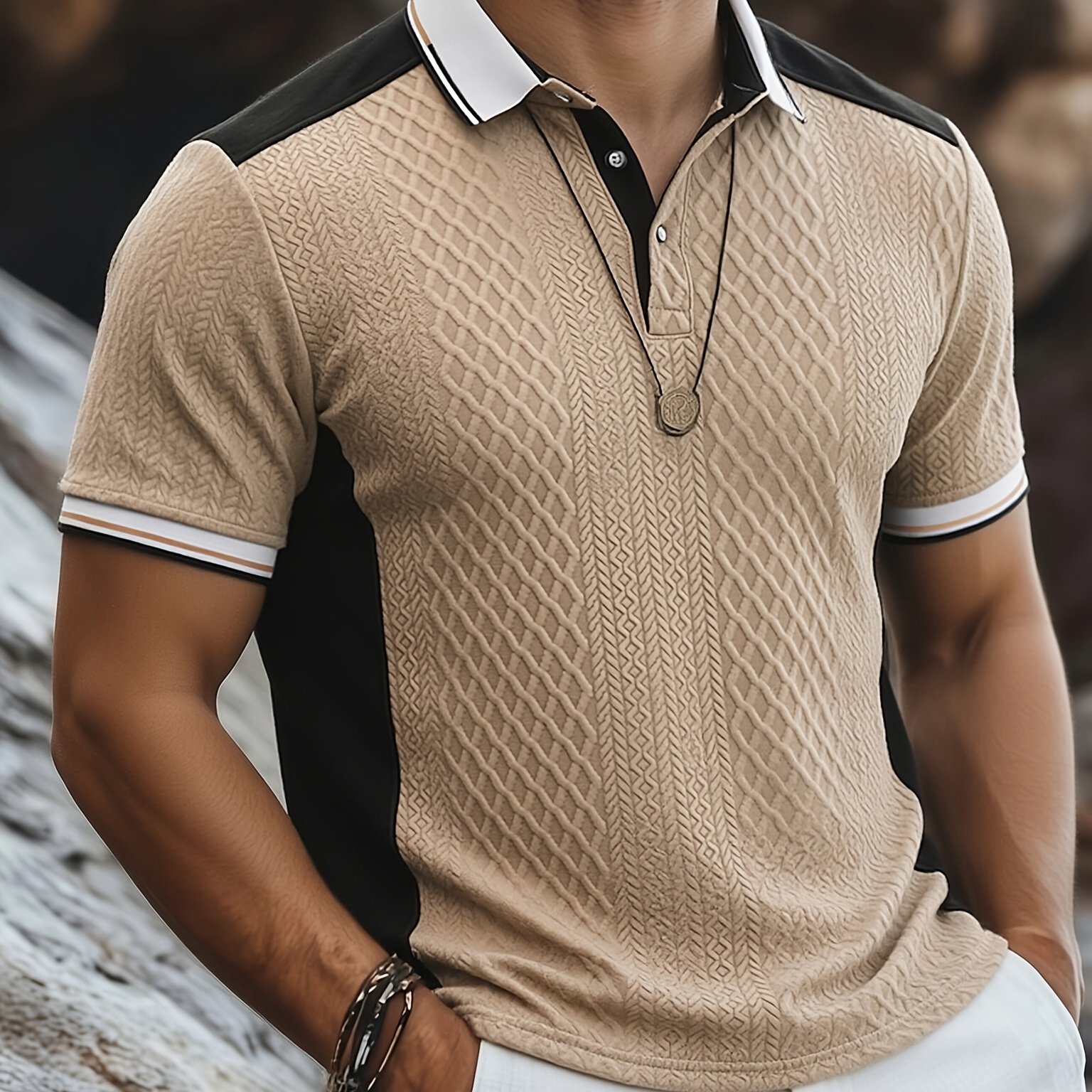 TEMU Men's Fashion -block Shirt With Collar, Jacquard Design, Soft Fabric, Versatile For Outdoor Streetwear And Beach Vacation Outfits