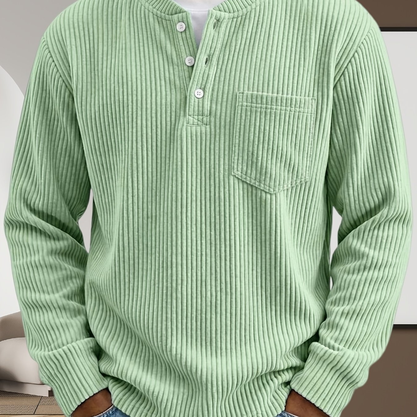 Image of Men's Corduroy Henley Shirt, Vertical Ribbed Long Sleeve Pullover, 3-button Crew Neck Casual Sweatshirt With Chest Pocket, Loose Fit Fall Top Hoodie For Men Autumn Daily Wear