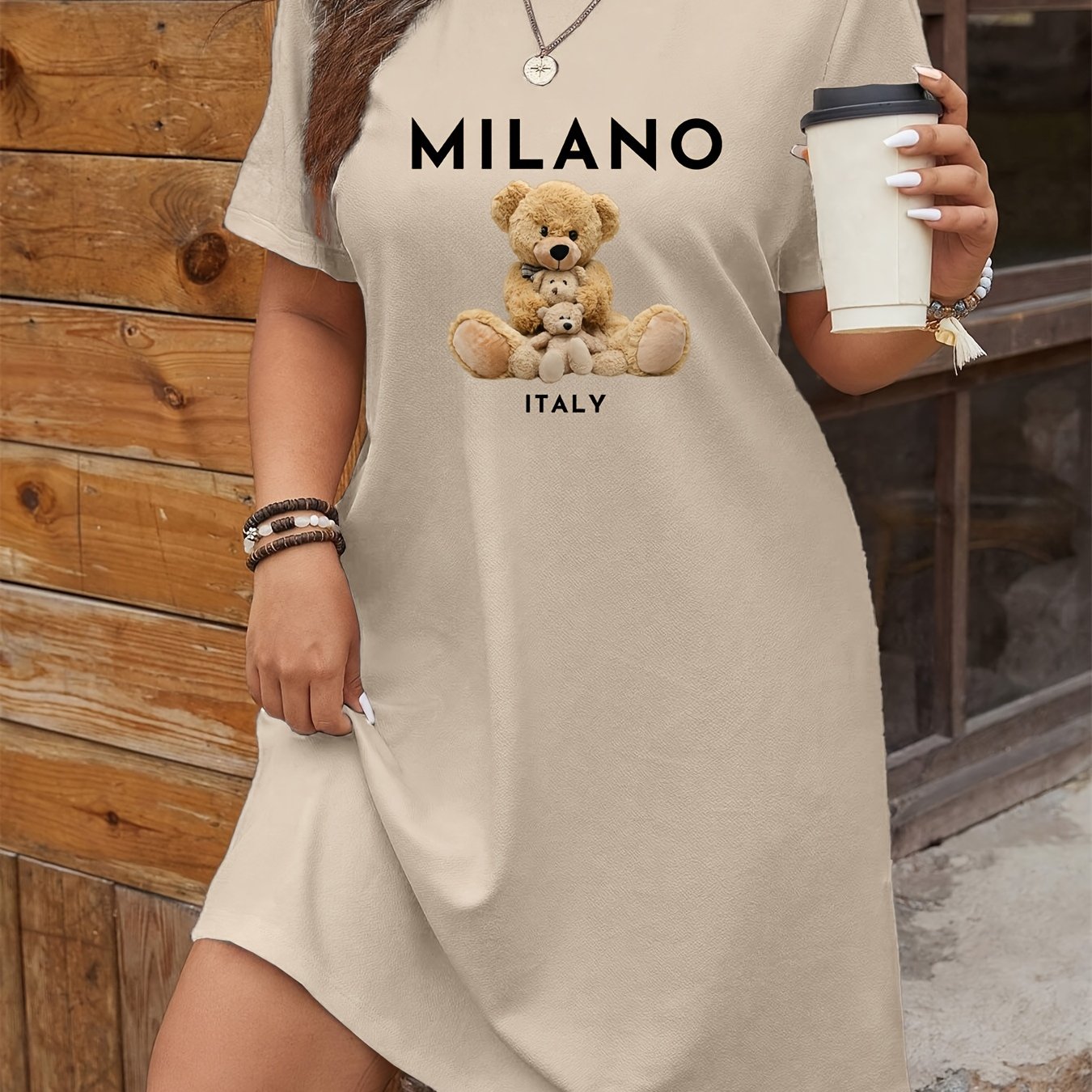 TEMU Short-sleeved Casual Dress For Women Featuring A '' Design And Teddy Bear Print - Made From Stretchy Fabric, With A Round Neckline, Machine