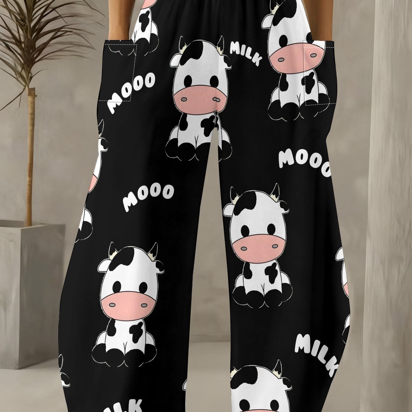 TEMU Women's Plus Size Wide-leg Cow Print Pants With Elastic Waist & Full-body Cow - Loose Fit Pants Suitable For Christmas Outfits, Winter Wear,
