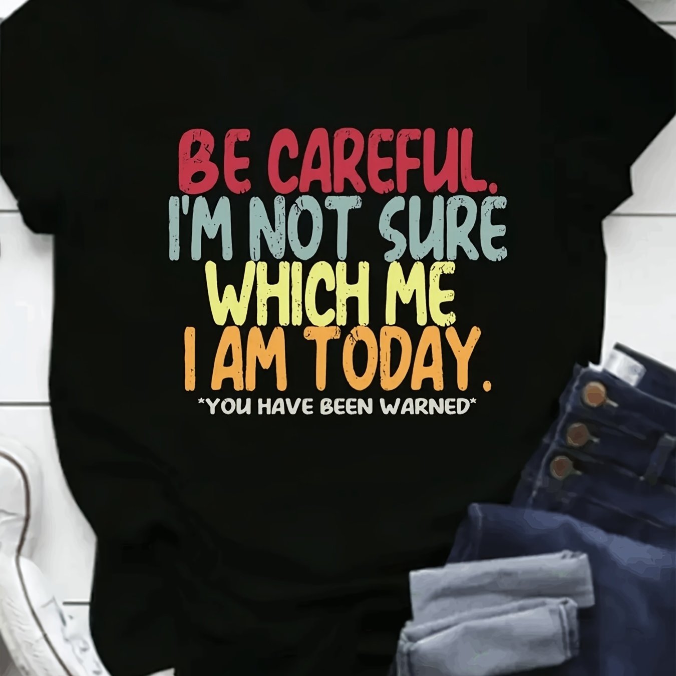 TEMU Plus Size - Women's Heavy 210g Short Sleeve Round Neck With "be Careful Which Me I " Print, Casual Comfortable Top Suitable For Casual Attire -