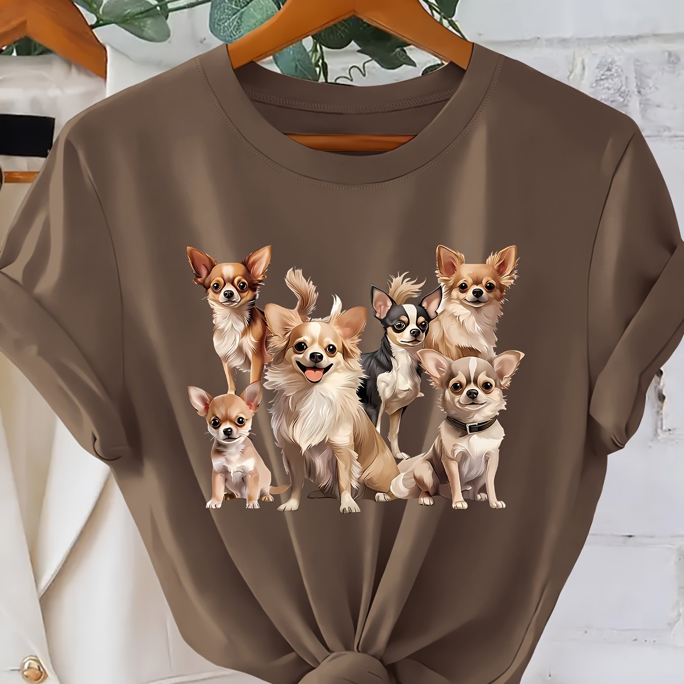 TEMU Women's Chihuahua Print T-shirt - Vintage Chihuahua Group Portrait Short Sleeve Crew Neck Top | Retro Blouse Tee Suitable For Casual Wear,