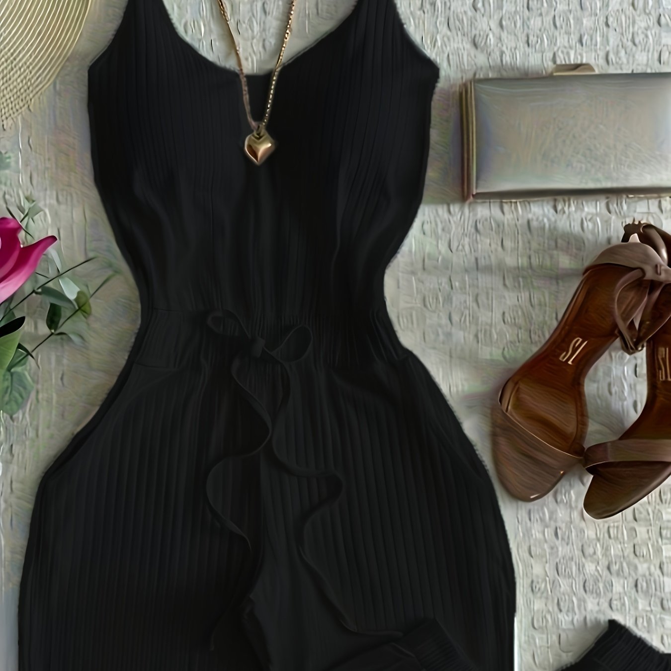 E-shop Eleganter lässiger High-Waist Jumpsuit mit Bindegürtel | Unifarben, Rundhalsausschnitt, Kordelzug-Detail, Ganzjahresmode