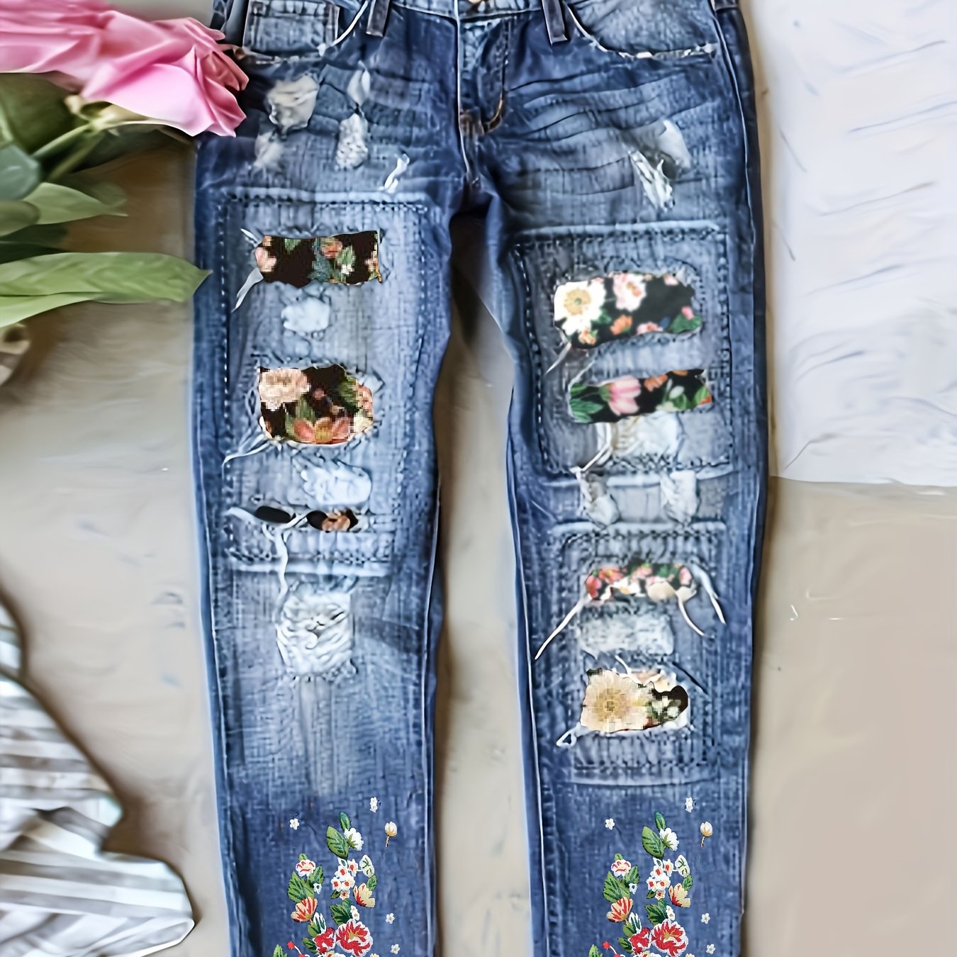 Image of Vintage Floral Ripped Skinny Jeans For Women, High Stretch Denim, , Button Fly, Casual Long Pants, 75% 23% Polyester 2% Spandex