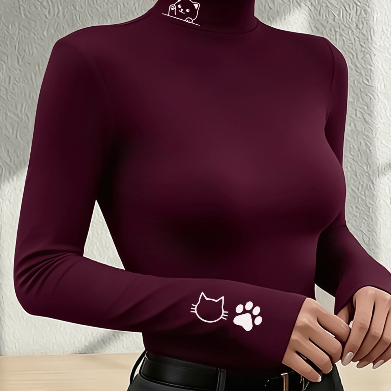 TEMU Women's High-neck Printed Fitted Top, Thickened Warm Long Sleeve, Autumn/winter Casual Layering T-shirt