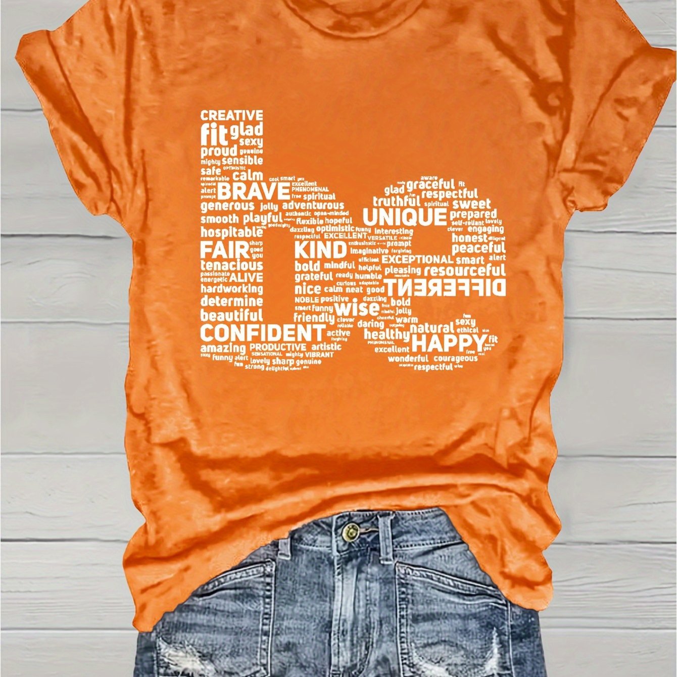 TEMU Women's Inspirational Word Cloud Print T-shirt - Soft Breathable Round Neck Short Sleeve, Light Grey With Positive Affirmations, Medium Stretch