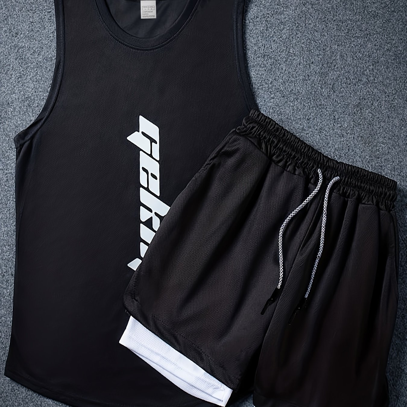 Image of Men's 2 Pieces Outfits, Fashion Letter Print Round Neck Tank Top And Drawstring Breathable Shorts Set