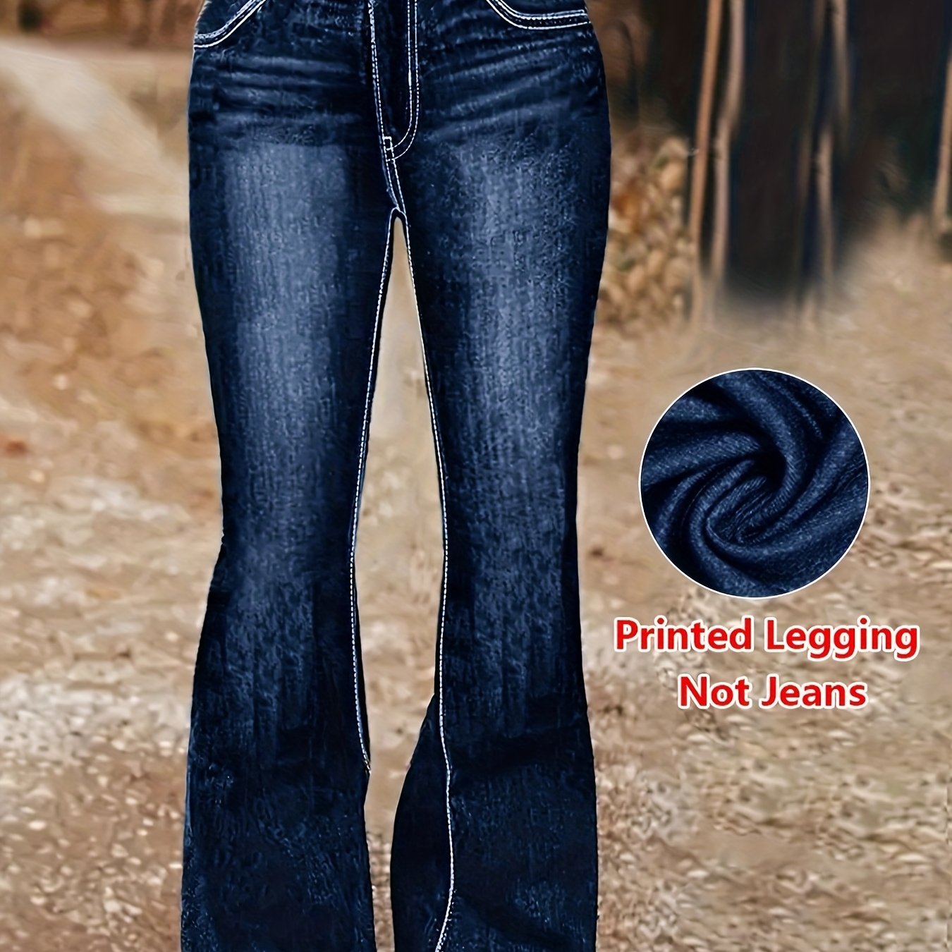 TEMU 【Imitations-Denim】 [Imitations--Denim] Damen Schlaghose aus nicht--Denim - Ganzjahres--Denim-ähnliche Leggings mit Schlag, einfarbige /