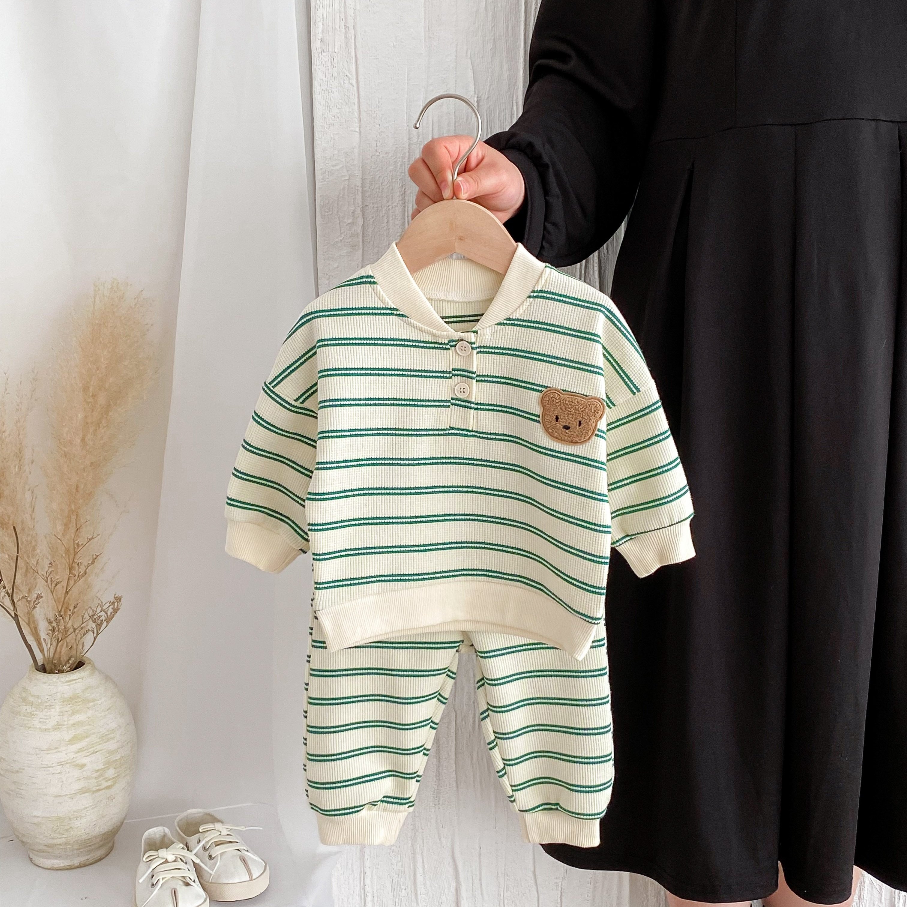 Image of 2pcs Infant And Toddler Striped Cartoon Bear Long-sleeved Loose-fitting Sweatshirts Set For Back-to-, Perfect For Outdoor
