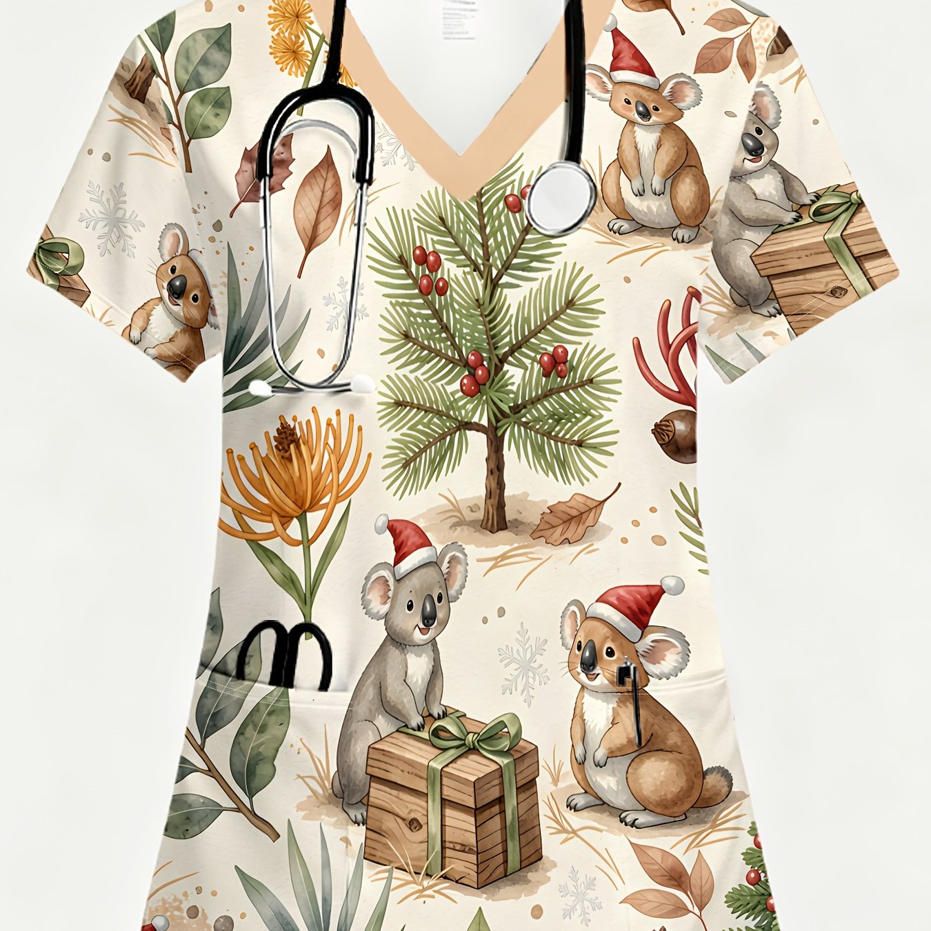 TEMU A Christmas Fashion V-neck Ladies Print Scrub Suit, Retro Watercolor Christmas Koala Print Scrub Suit Fabric Pattern, Warm Tone Floral Print,