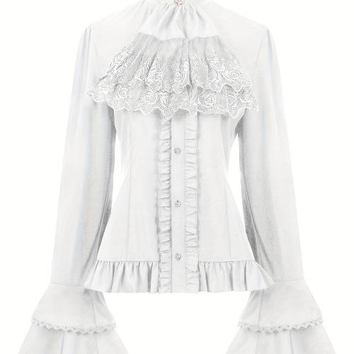 steampunk victorian blouse white lace trim sleeves stand up collar with decorative buttons machine washable vintage top for halloween costumes themed parties costume apparel nonelastic fabric