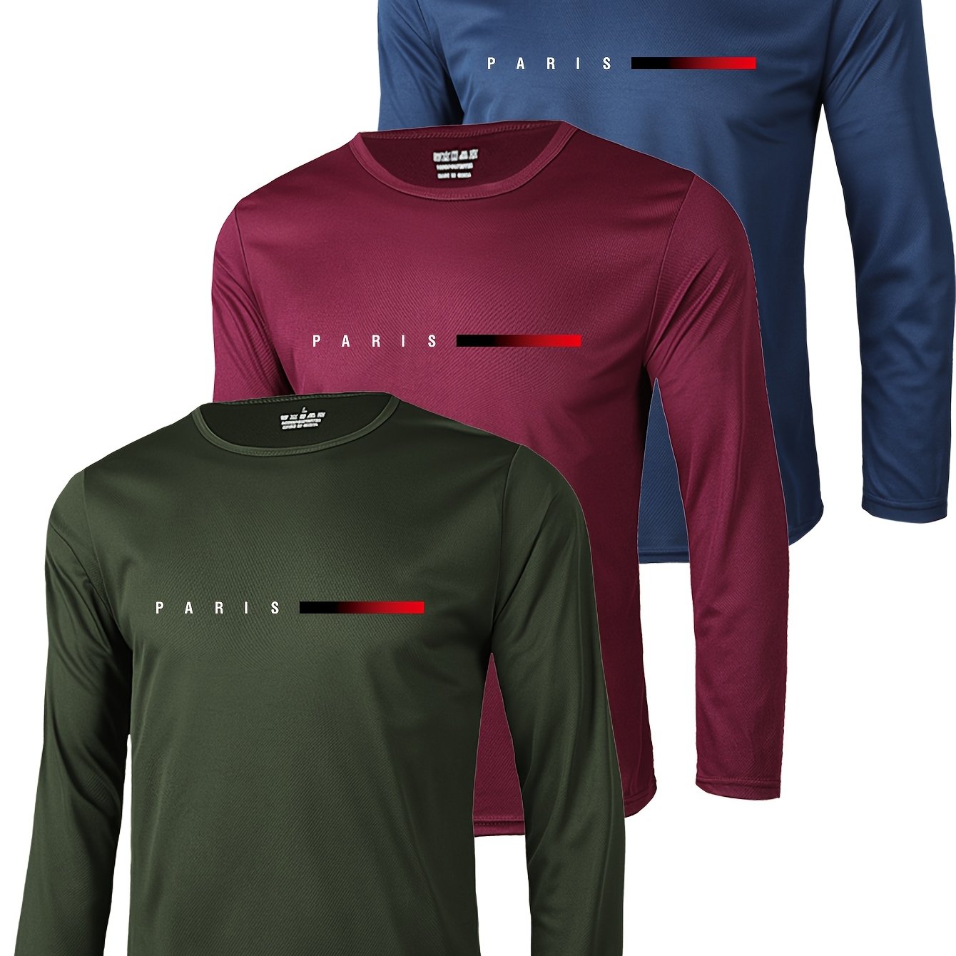 TEMU 3-pc Men's Long-sleeve T-shirts, Breathable And Quick-drying, Crew Neck, Medium Stretch, Printed, Regular Fit, Ideal For Gym Workouts, Morning