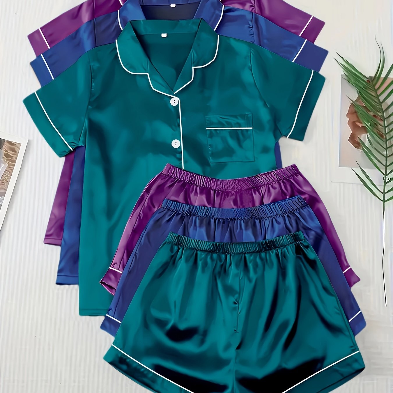 TEMU Casual, Fashionable, And Comfortable 6pcs Set In 3 Colors: Solid, Plain, Satin, And Satin Trim Short-sleeve Shirt & Elastic Waist Shorts Pajama