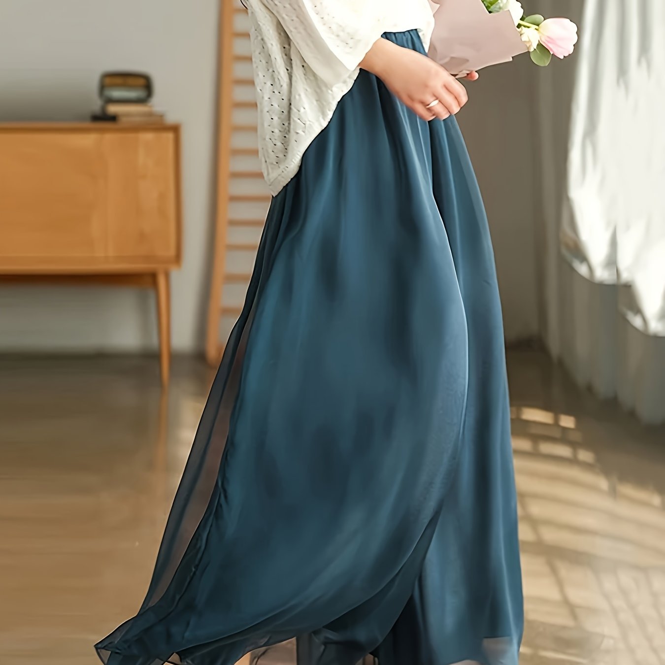 Women's Fashion Solid Color Loose Fit Elastic Waist Straight-leg Wide-leg Skirt Pants, Casual Versatile Chiffon Wide-leg Pants