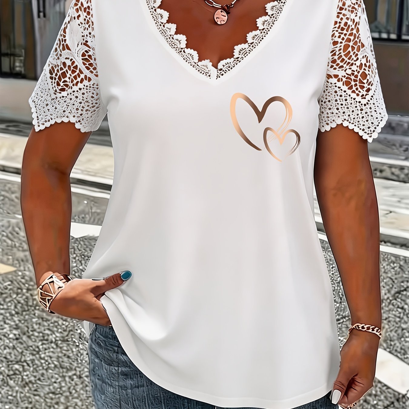 TEMU Plus Size Lace Trim Women's Summer V-neck T-shirt Tummy Control Top