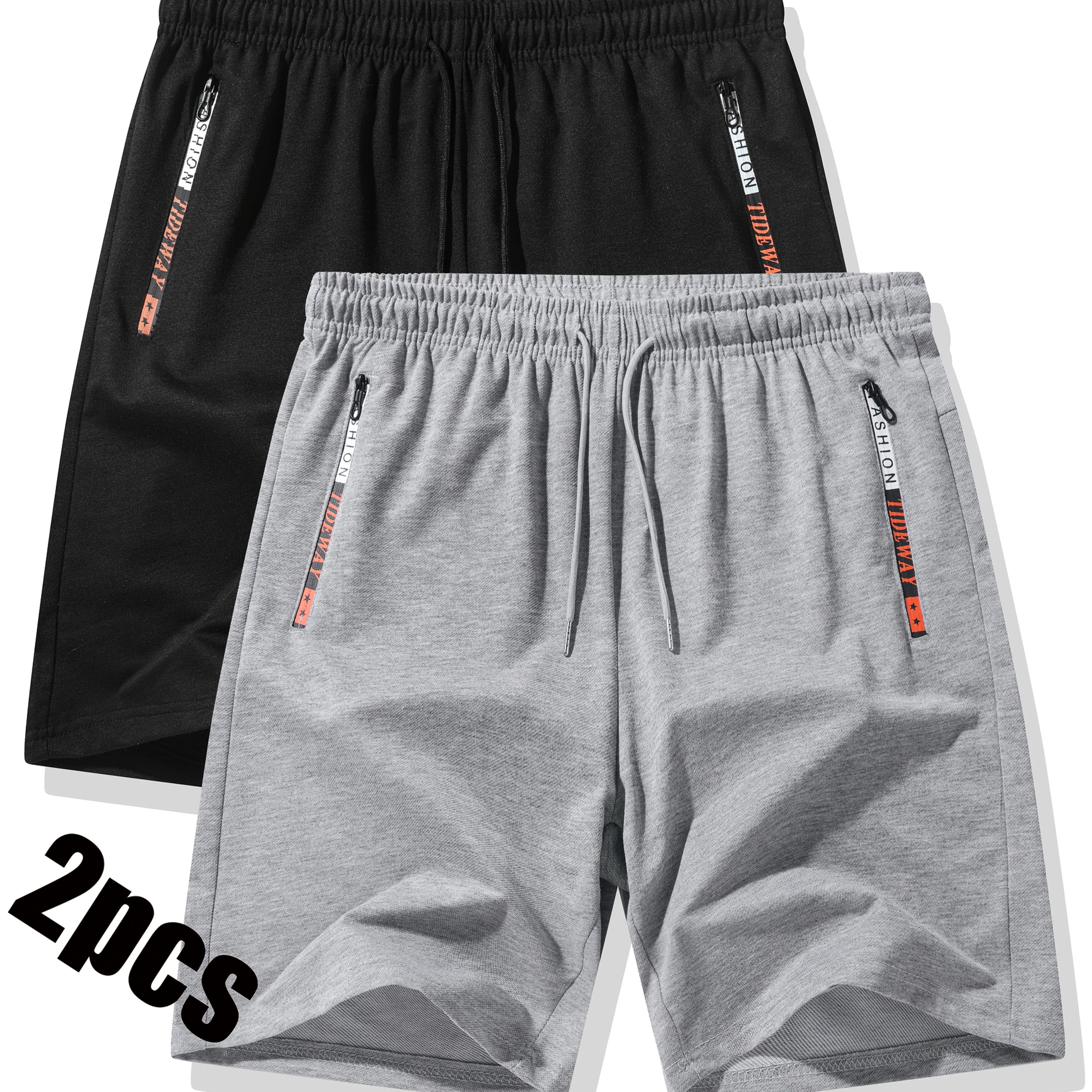 TEMU 2pcs Men's Lightweight Running Shorts - Summer Casual Sport Pants, Loose Fit, Black With Gray Accents, Elastic Waistband, Zipper Pockets, Athletic Wear|casual Sportswear|elastic Waistband Shorts