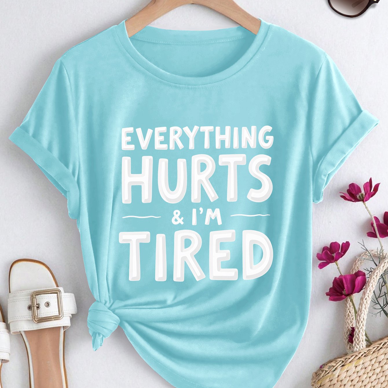 TEMU Ladies' Elegant Short-sleeved Everything & I'm Tired Letter Print Spring, Summer, And Autumn Round Neck T-shirt, Fashionable, Casual, Sporty,