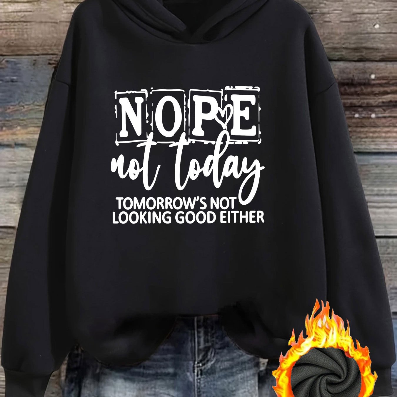 TEMU [plus Size] 1pc Fashionable Women's Autumn/winter Warm Hooded Sweatshirt Elegant Beautiful Y2k Style With Heart Nope, Not Not Good Text Pattern