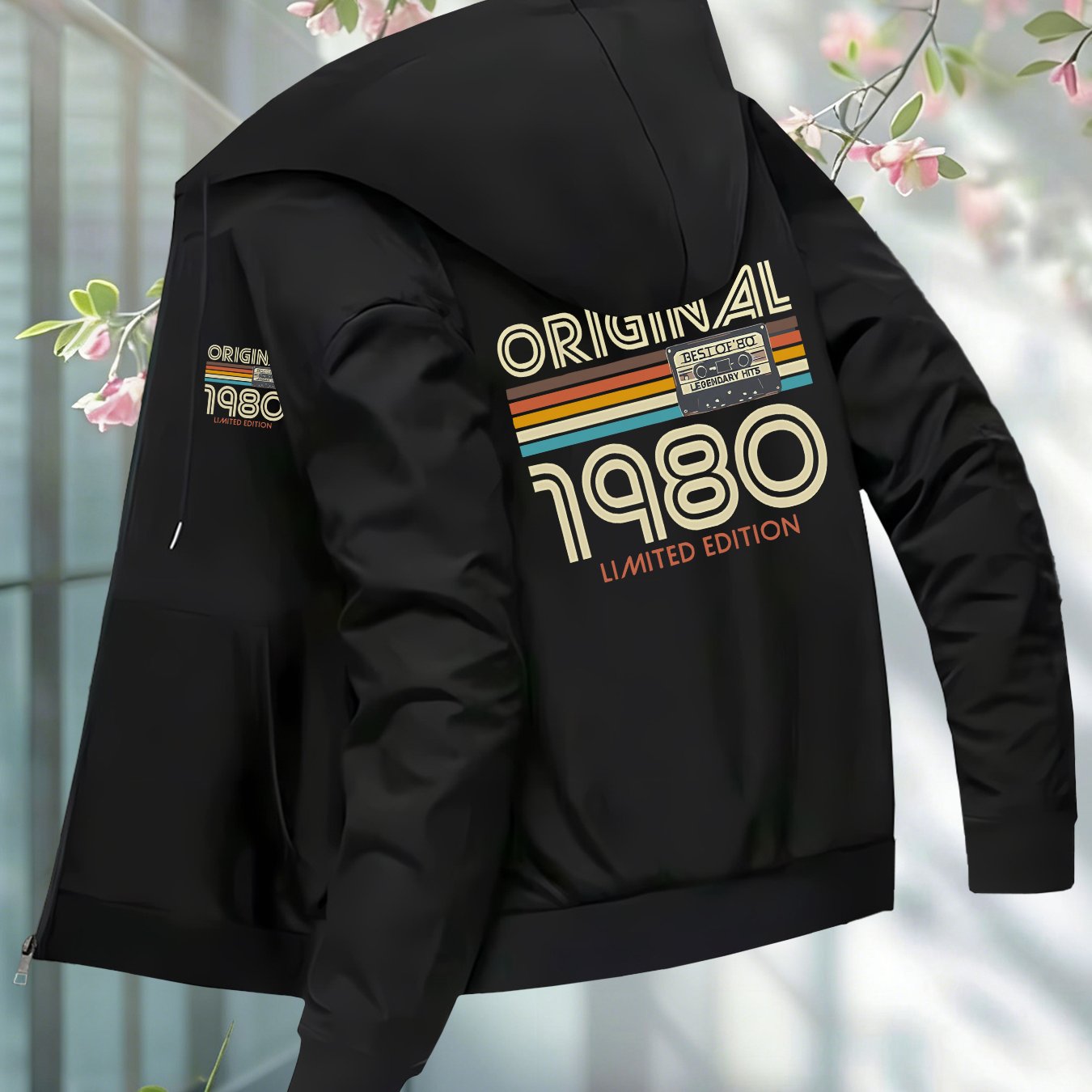 TEMU Fashion Hooded Jacket For Men, Magnetic 80s Print, Casual Jacket, Side Pockets And Slim Fit, Autumn And Winter Sports Jacket For Men