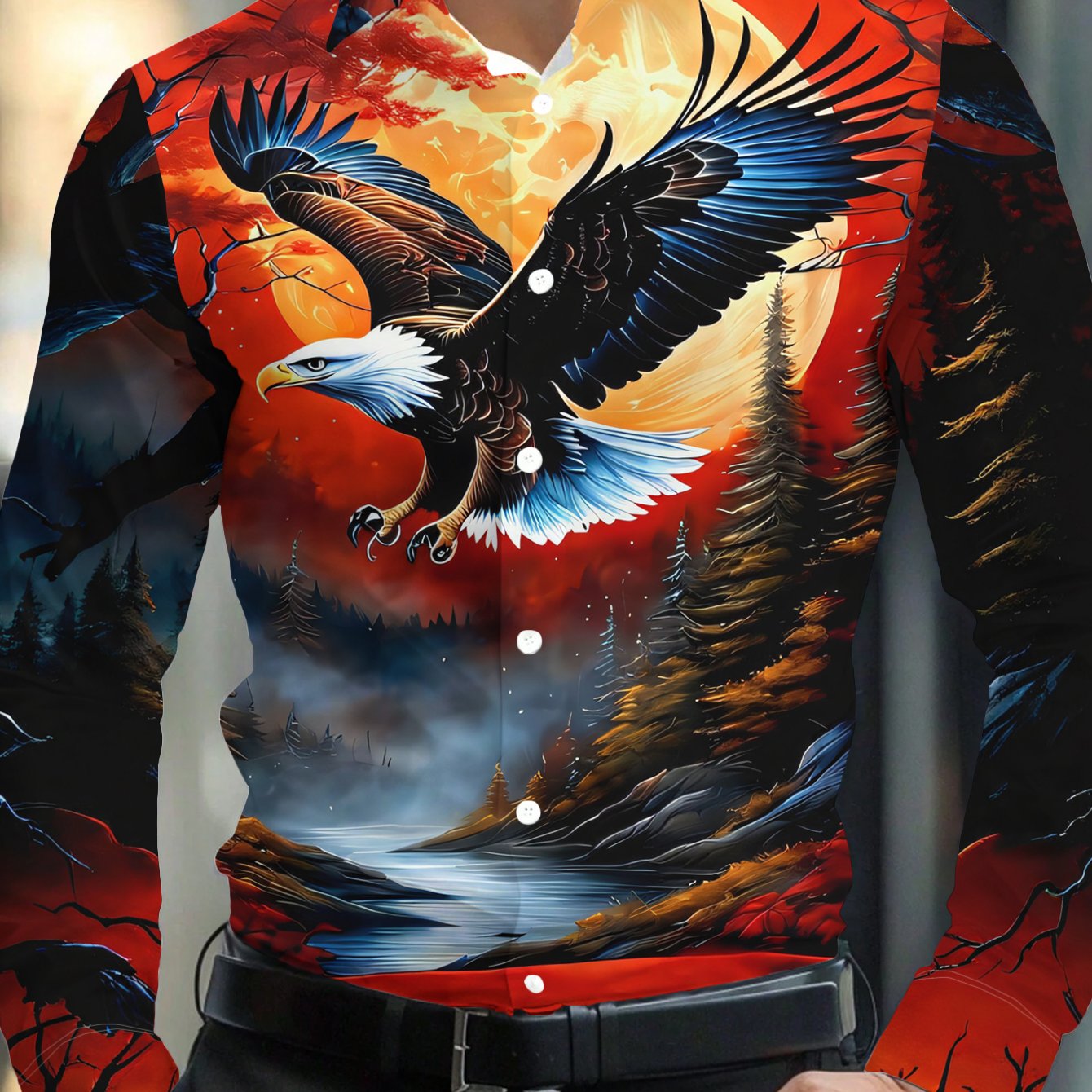 TEMU Men's Shirt With Buttons And A Stylish Collar, Featuring A Design Of A Hawk Over A Valley Of Red During A Night - A Fashionable And Chic Top For