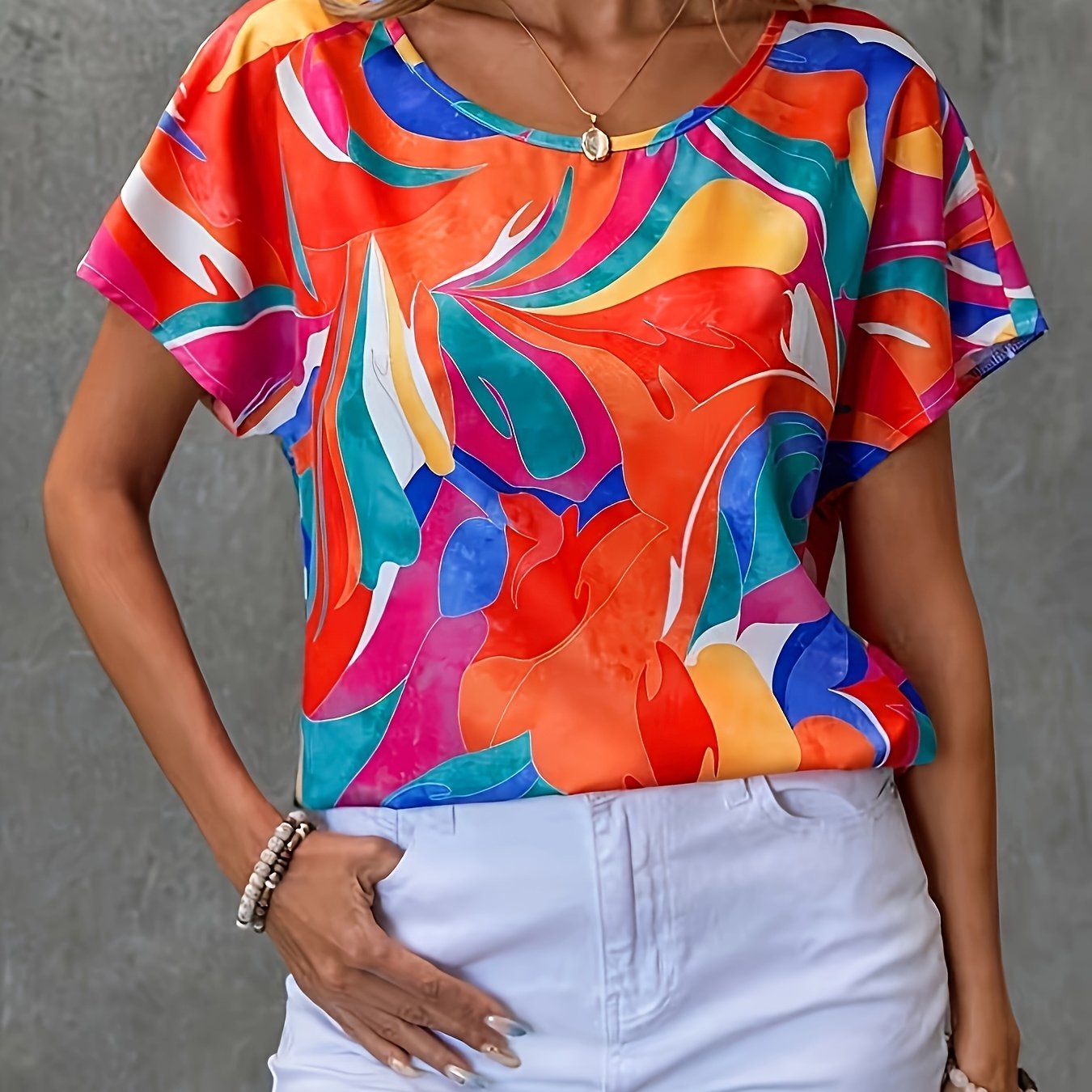 TEMU Women's Elegant Batwing Sleeve Round Neck Blouse - Vibrant Floral Print, Lightweight Machine-washable Fabric, Regular Fit Spring/summer Top For