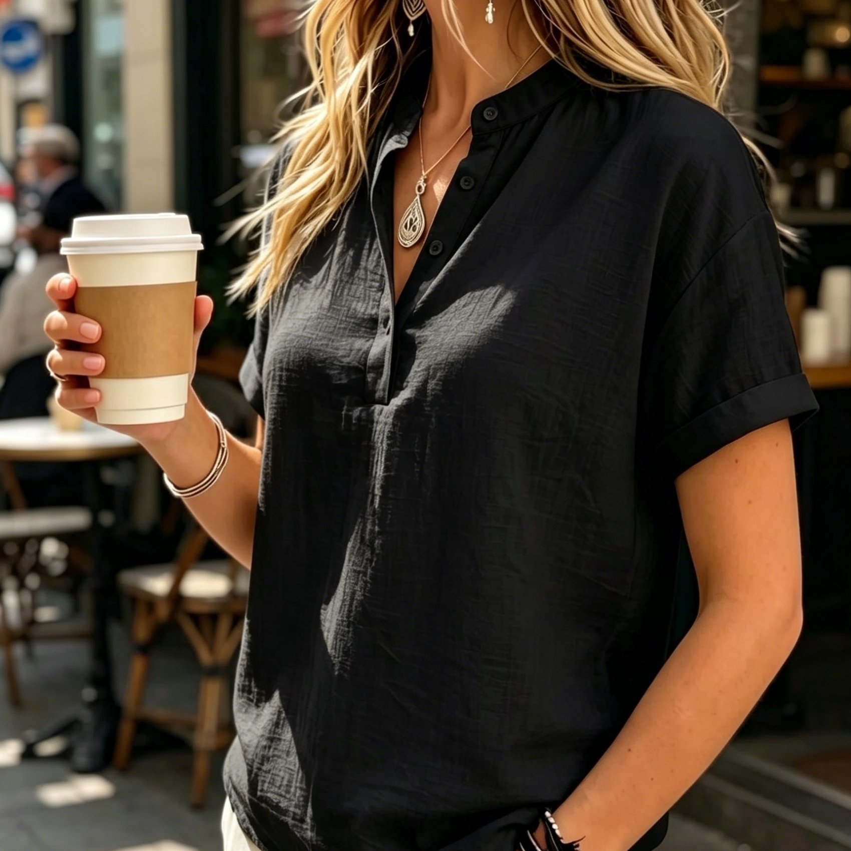 TEMU Ladies' Casual Solid Color Short Sleeve Shirt, Versatile Commuting Style Top, Loose And Comfortable, Lightweight And Breathable