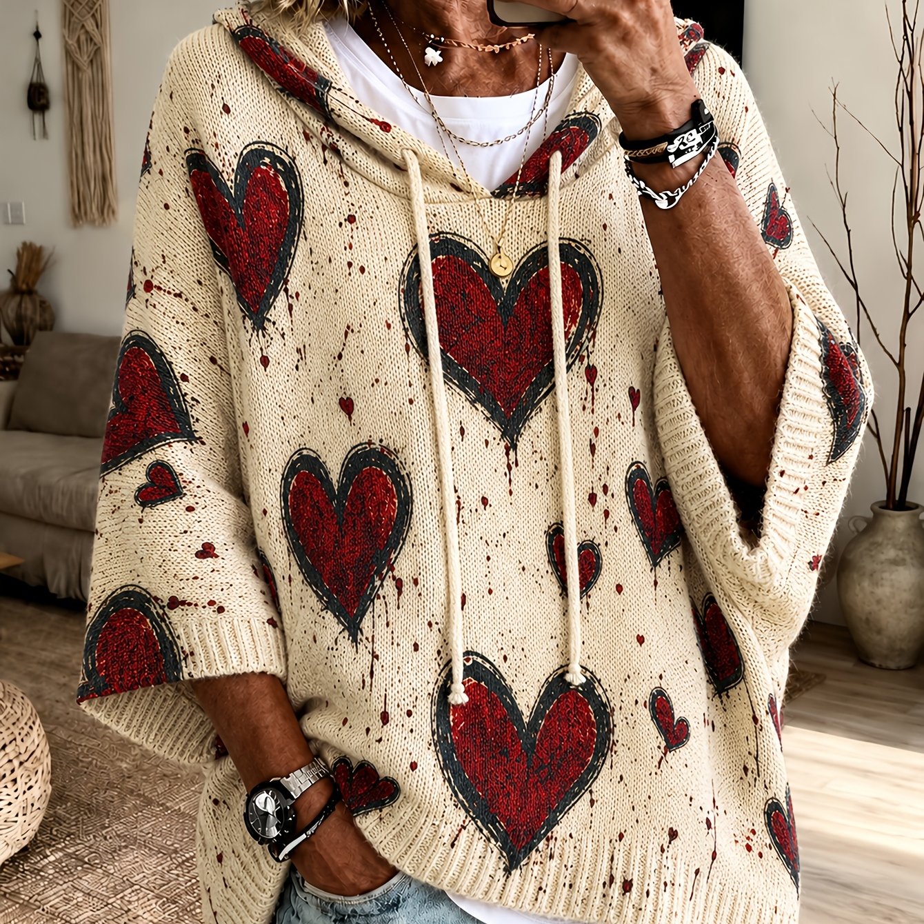 TEMU Pull à capuche 2026 Femme Automne/Hiver Imprimé Manches Chauve-souris, Design à Cordon, Style Tendance, Polyvalent, Décontracté, Mode, Travail,
