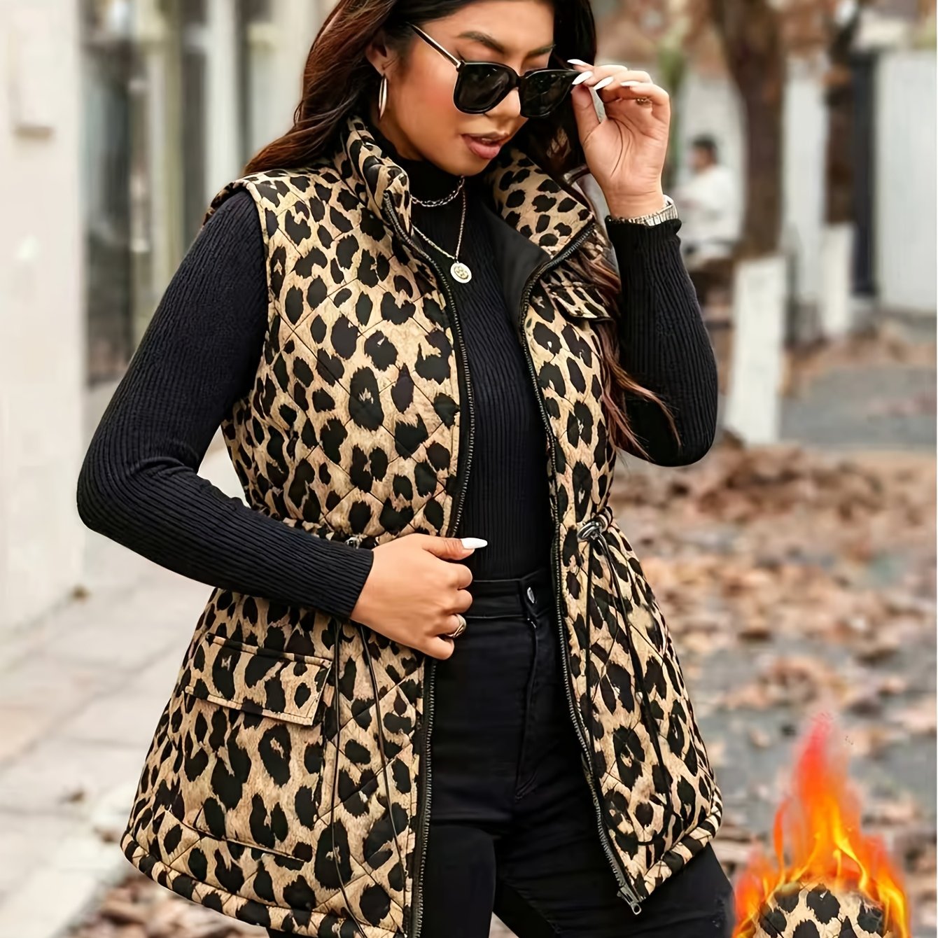 TEMU Plus Size - Autumn Winter Women's Leopard Print Quilted Vest, Stand Collar Zipper Sleeveless Jacket, Drawstring Waist Warm Vest, Vintage Leopard