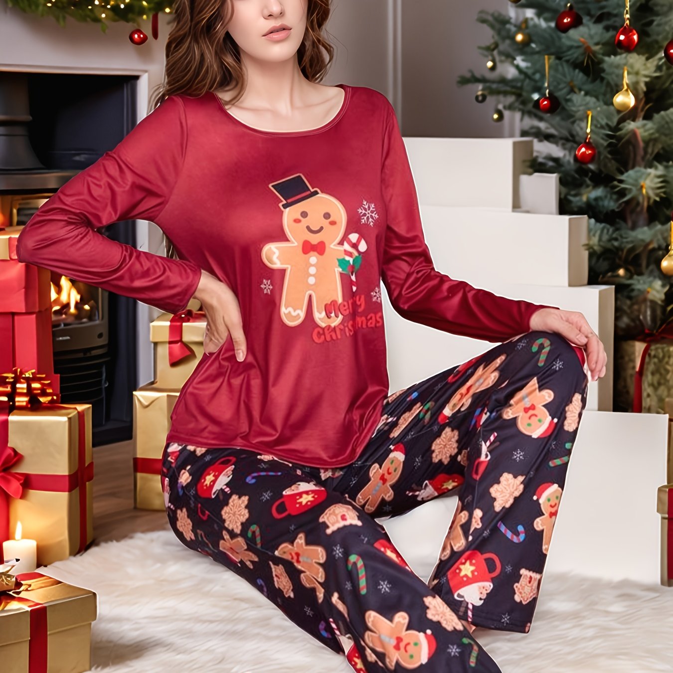 TEMU Christmas Women's Long Sleeve Cartoon Casual Pajamas For Autumn And Winter