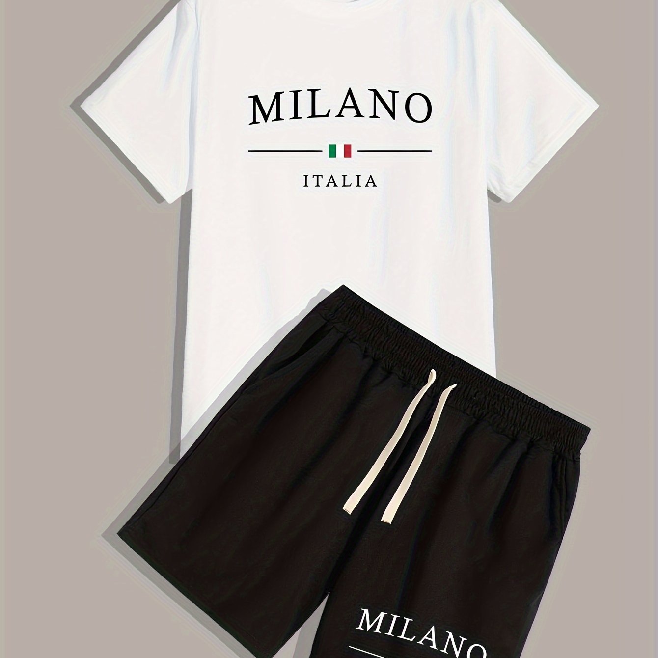 E-shop ITALIA Buchstabendruck, 2-teiliges Herren-Outfit, Set aus kurzärmligem T-Shirt mit Rundhalsausschnitt und Shorts mit Kordelzug für den Sommer,