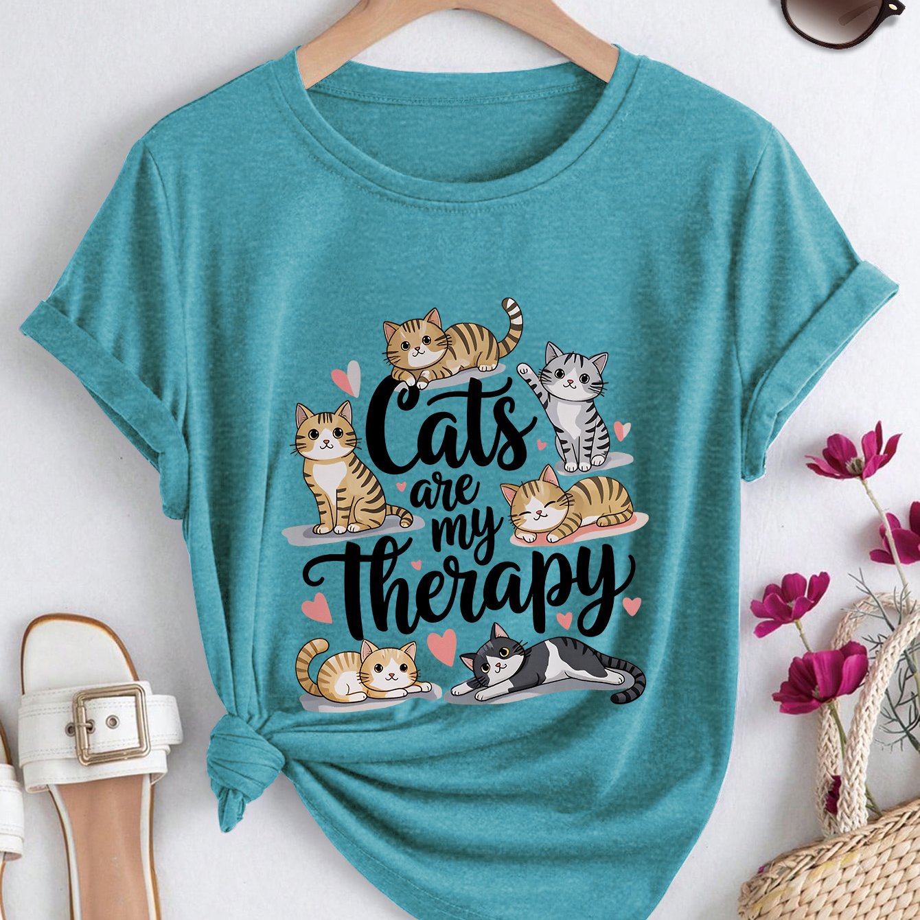 TEMU Plus Size Women's Summer Short Sleeve, Cat Lover Theme Print, Vintage Round Neck Elegant Women's T-shirt, 2026 Spring Summer Soft Loose Casual